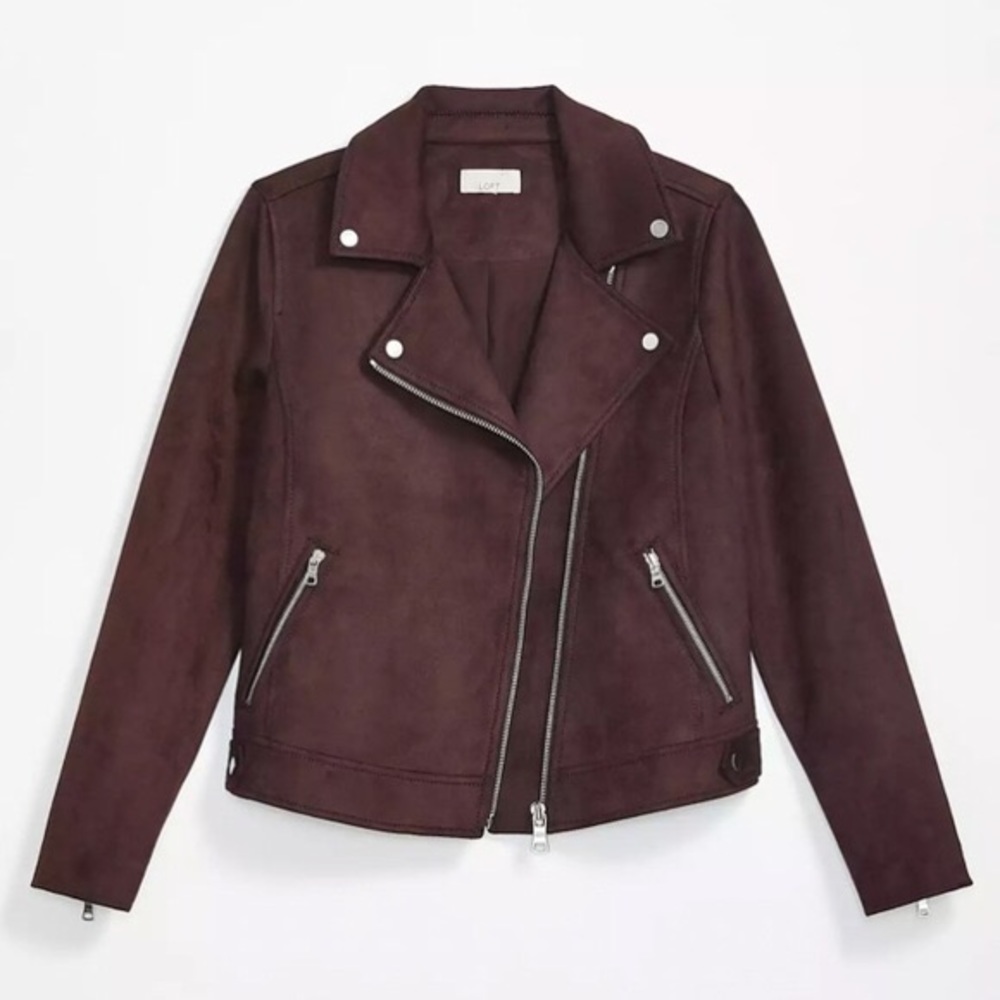 LOFT Faux Vegan Suede Moto Motorcycle Jacket Brown L